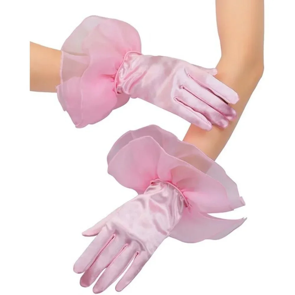 Women's Ruffled Evening Pink Short Satin Formal Gloves Costume Accessories
